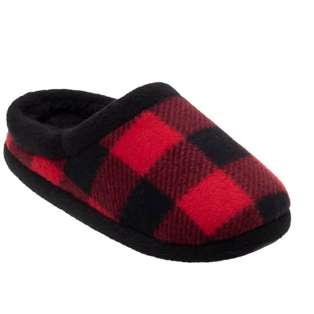 Cuddl Duds BOYS MEDIUM (3-4) Fleece Clog Slippers IN RED PLAID